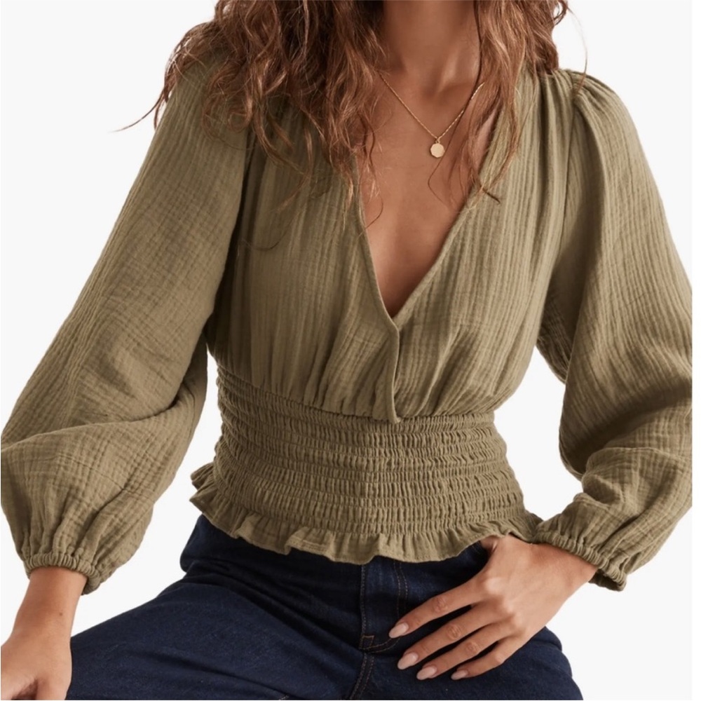 Madewell Lightspun Julianne Smocked Army Green Blouse